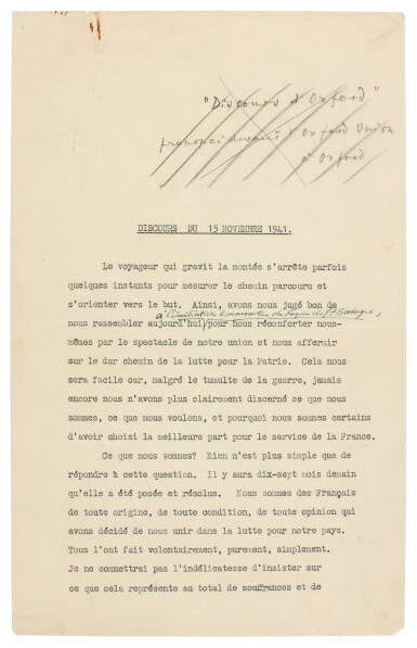 View full screen - View 1 of Lot 62. Charles de Gaulle | Revised typescript of his speech outlining his plans for the Free French Organisation, November 1941.