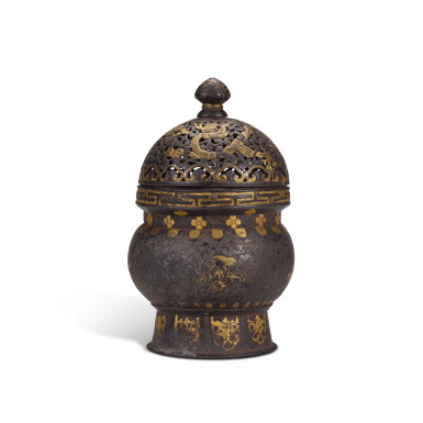 View full screen - View 1 of Lot 357. A gilt-damascened iron ‘dragon' jar and cover, Derge, Eastern Tibet, 15th century | 藏東十五世紀 鐵鋄金龍紋蓋爐.