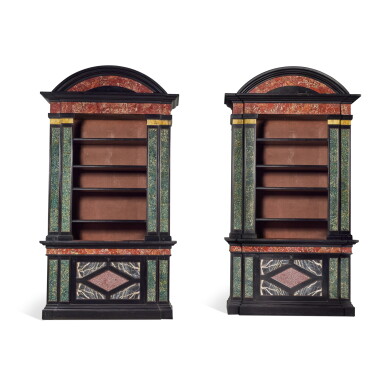View full screen - View 1 of Lot 75. A Pair of Marble Veneered and Ebonized Bookcases, Designed by Renzo Mongiardino, Circa 1987.