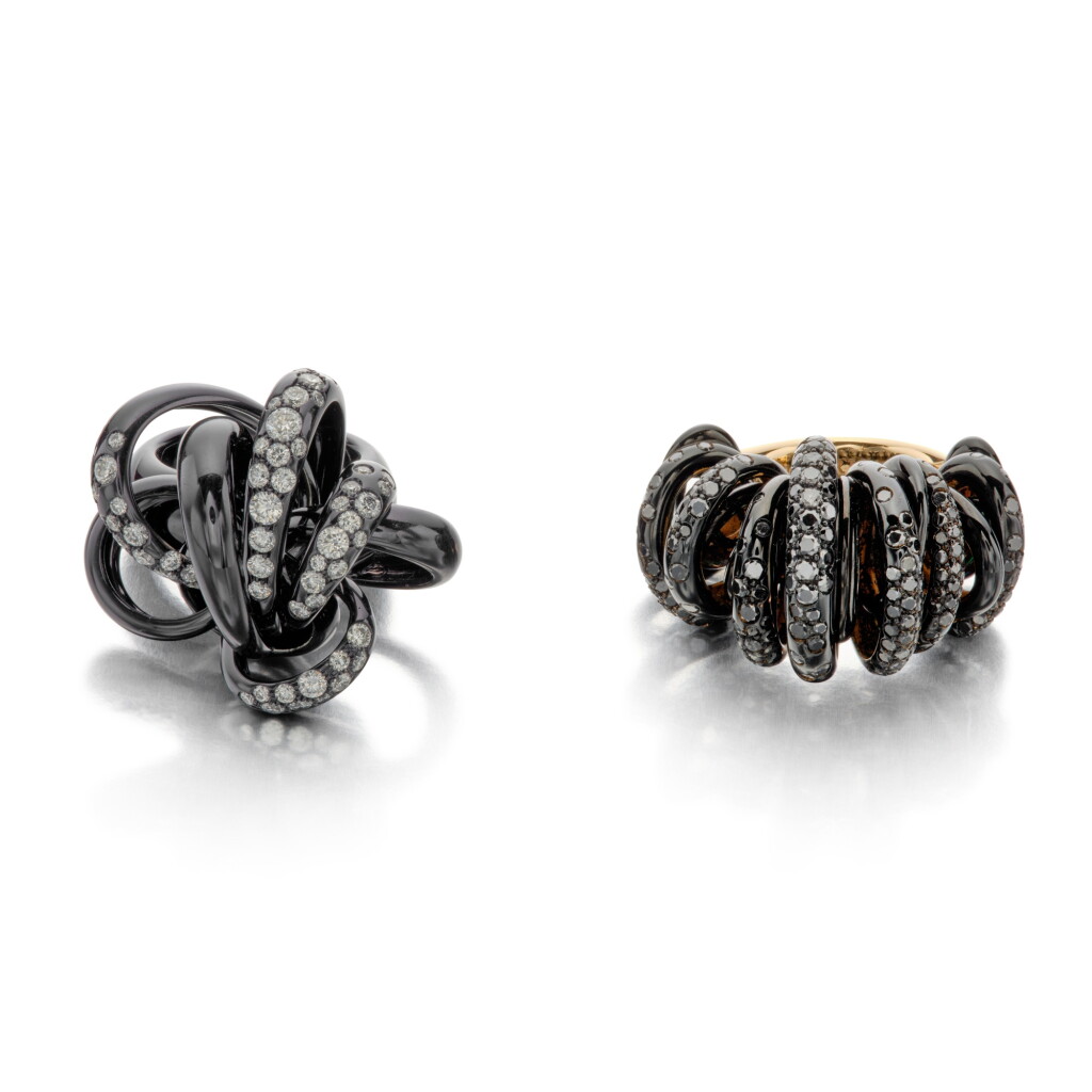 View full screen - View 1 of Lot 131. Ceramic and Diamond 'Catene' Ring and Ceramic and Black Diamond 'Sole' Ring.