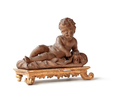 View full screen - View 1 of Lot 11. ITALIAN, CIRCA 1670 ATTRIBUTED TO ERCOLE FERRATA (1610-1686), RECLINING PUTTO HOLDING AN HOURGLASS | ITALIE, VERS 1670 ATTRIBUÉ À ERCOLE FERRATA (1610-1686), PUTTO ALLONGÉ AVEC UN SABLIER.