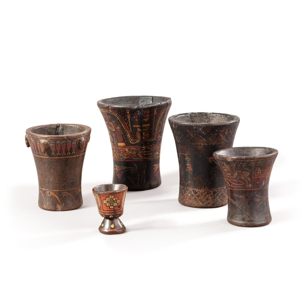 View full screen - View 1 of Lot 307. Five Keros polychrome Vessels, Inca, Peru, 16th century | Cinq vases Keros, Inca, Perou, XVIe siècle.