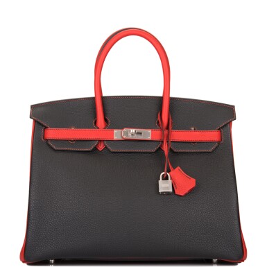 View full screen - View 1 of Lot 43. HERMÈS | HORSESHOE STAMPED (HSS) BICOLOR BLACK AND VERMILLION BIRKIN 35CM OF TOGO LEATHER WITH BRUSHED PALLADIUM HARDWARE.