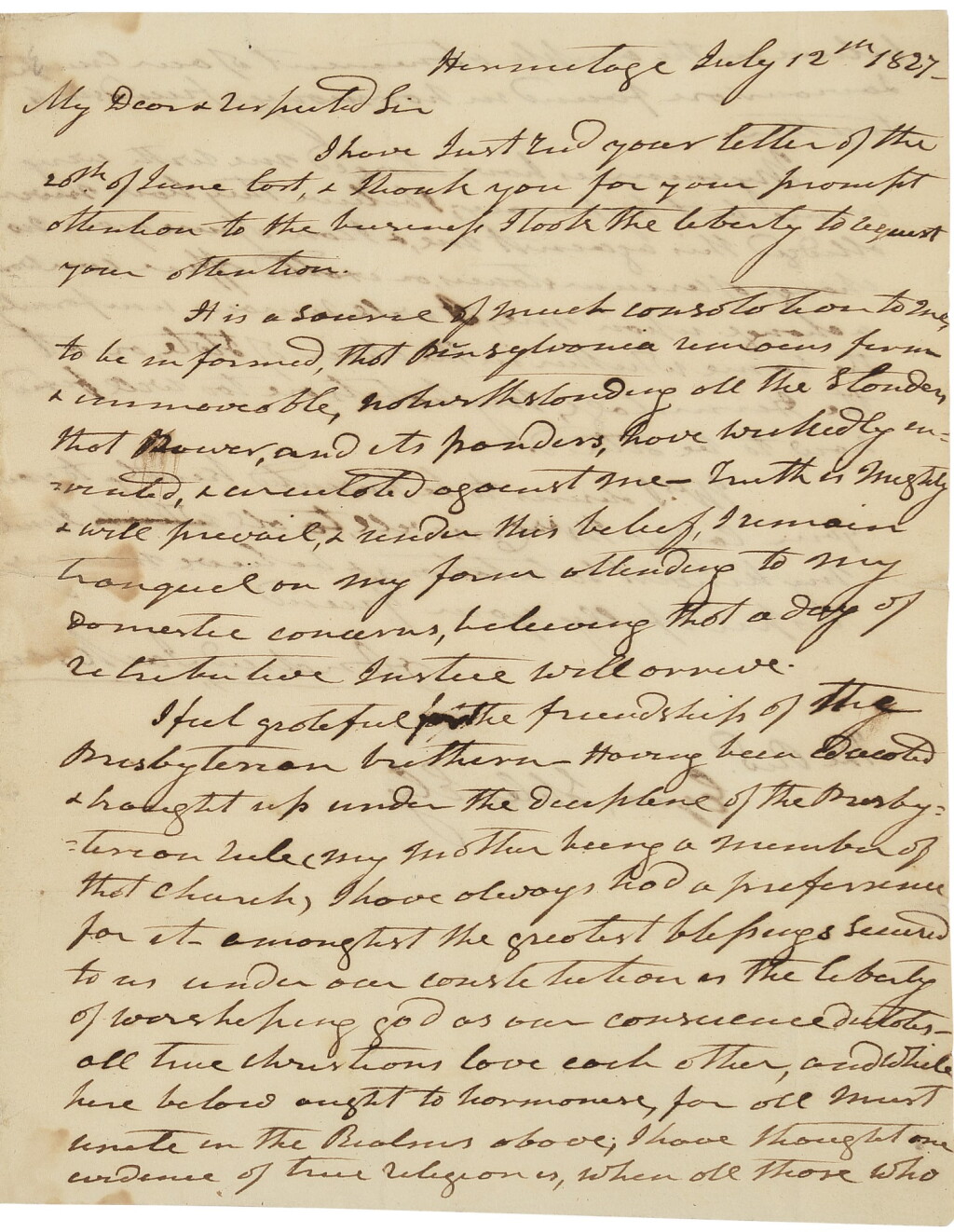 View full screen - View 1 of Lot 2187. Jackson, Andrew. Autograph letter signed, 12 July 1827, to Ezra Stiles Ely.