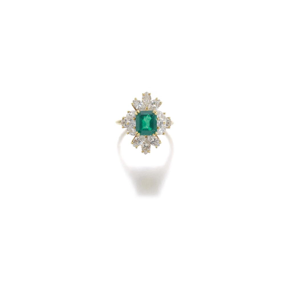 View full screen - View 1 of Lot 130. EMERALD AND DIAMOND RING.