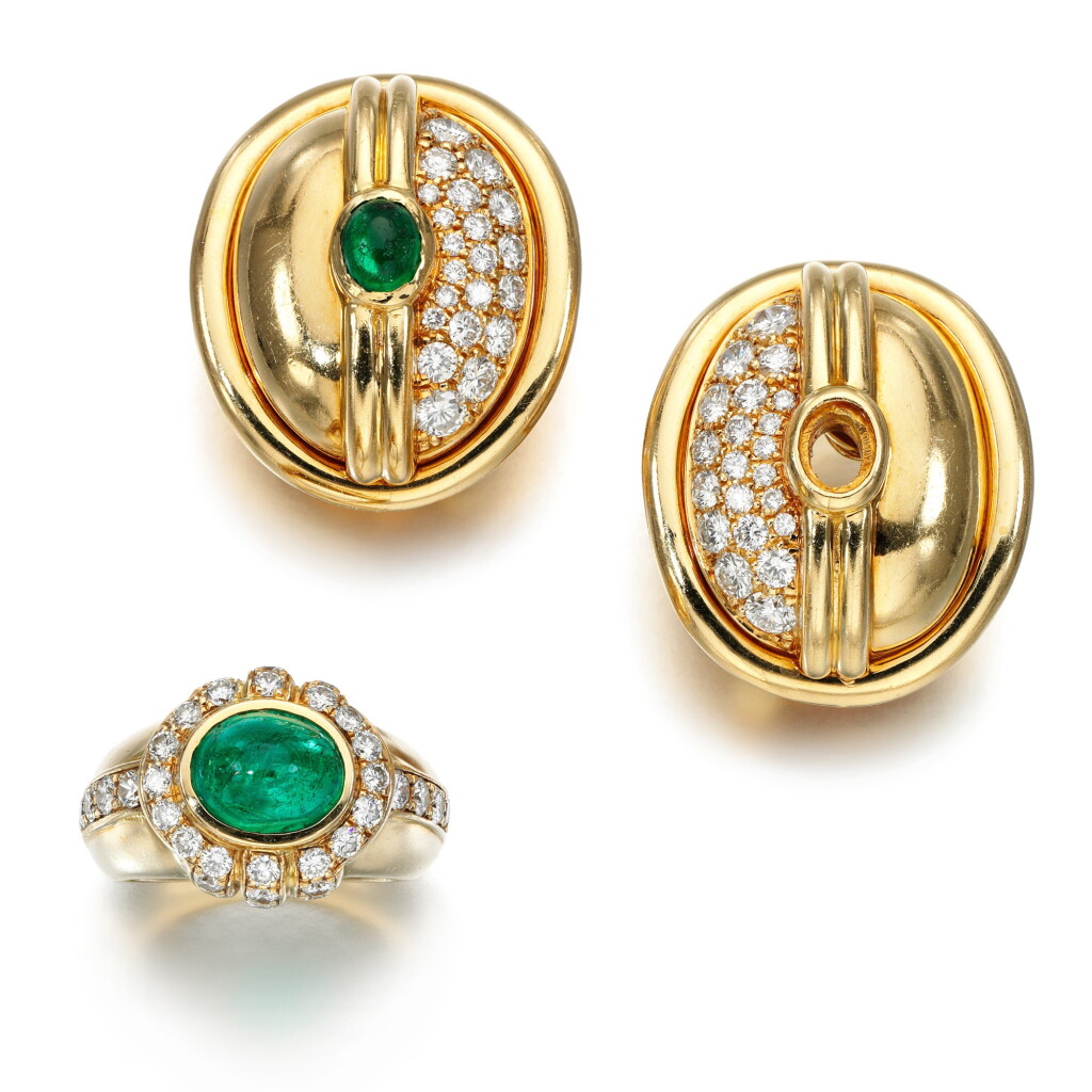 View full screen - View 1 of Lot 124. Emerald and diamond ring and pair of ear clips.