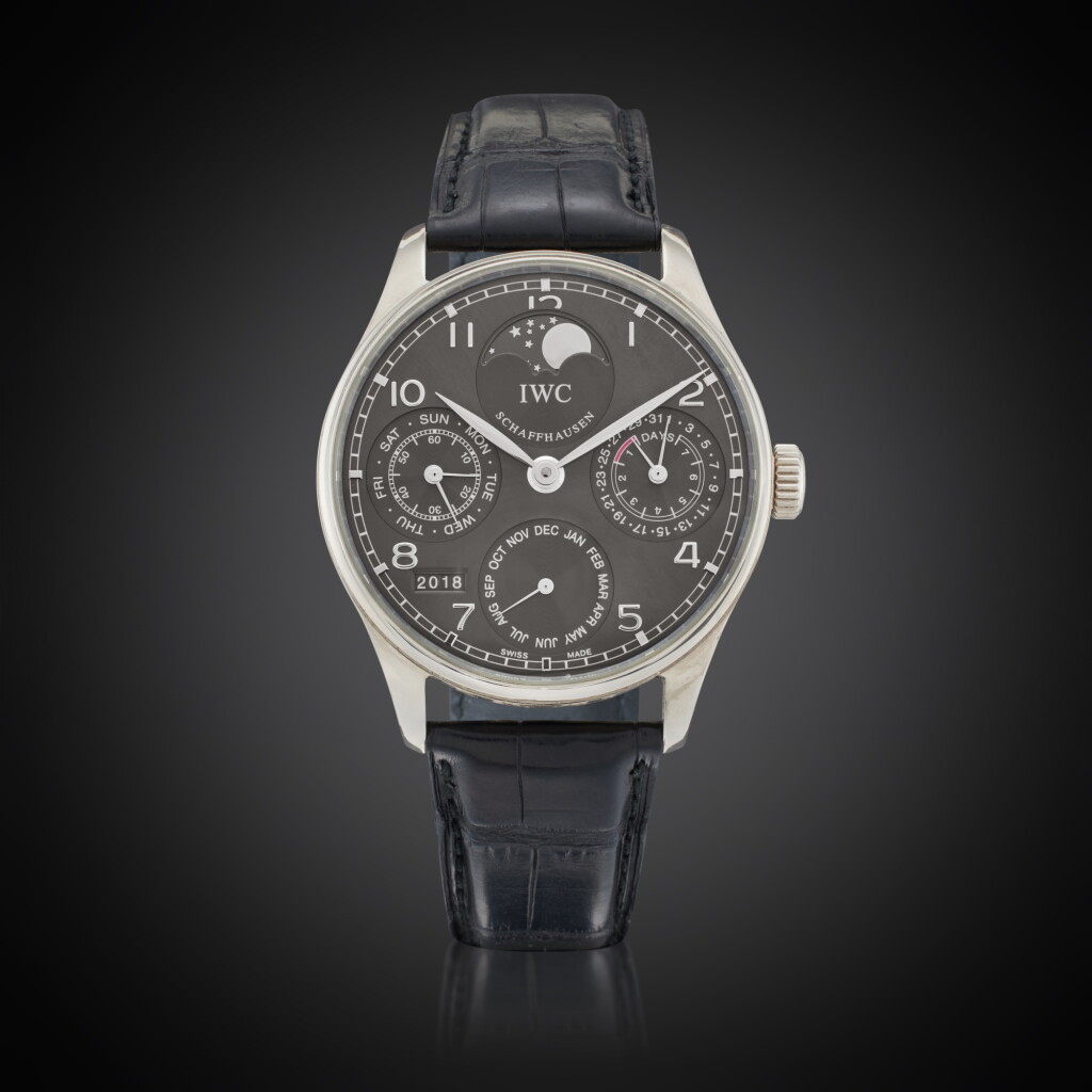 View full screen - View 1 of Lot 31. Reference IW5022-18 Portugieser Perpetual Calendar | A white gold automatic perpetual calendar wristwatch with moon phases, year and 7-day power reserve indication, Owned and Worn by Tom Brady, Circa 2007.