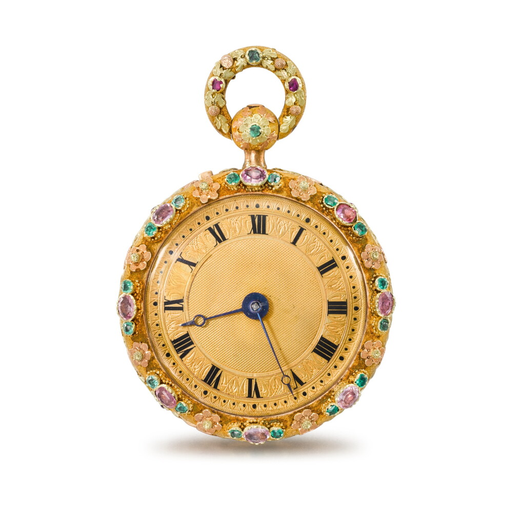 View full screen - View 1 of Lot 1346. A gold and semi-precious stone-set quarter repeating verge watch Circa 1825.