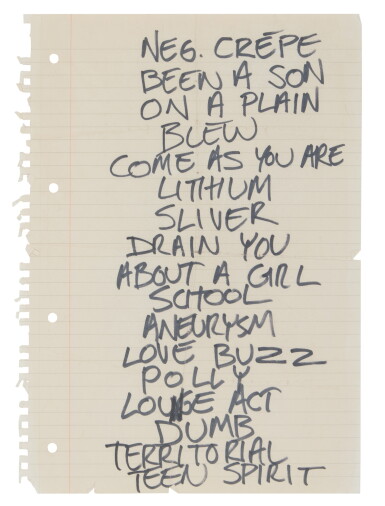 View full screen - View 1 of Lot 129. Nirvana — Dave Grohl | A handwritten setlist.