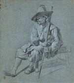 Study of a seated man in a hat, holding a staff