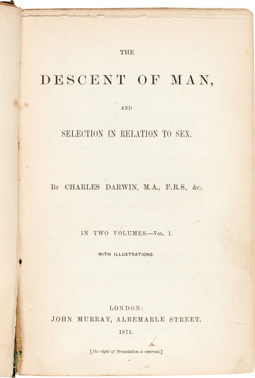 View full screen - View 1 of Lot 13. Charles Darwin | The Descent of Man, 1871, first edition, first issue, original cloth.