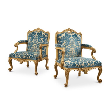 View full screen - View 1 of Lot 105. A Pair of George II Carved Giltwood Armchairs, Circa 1760.