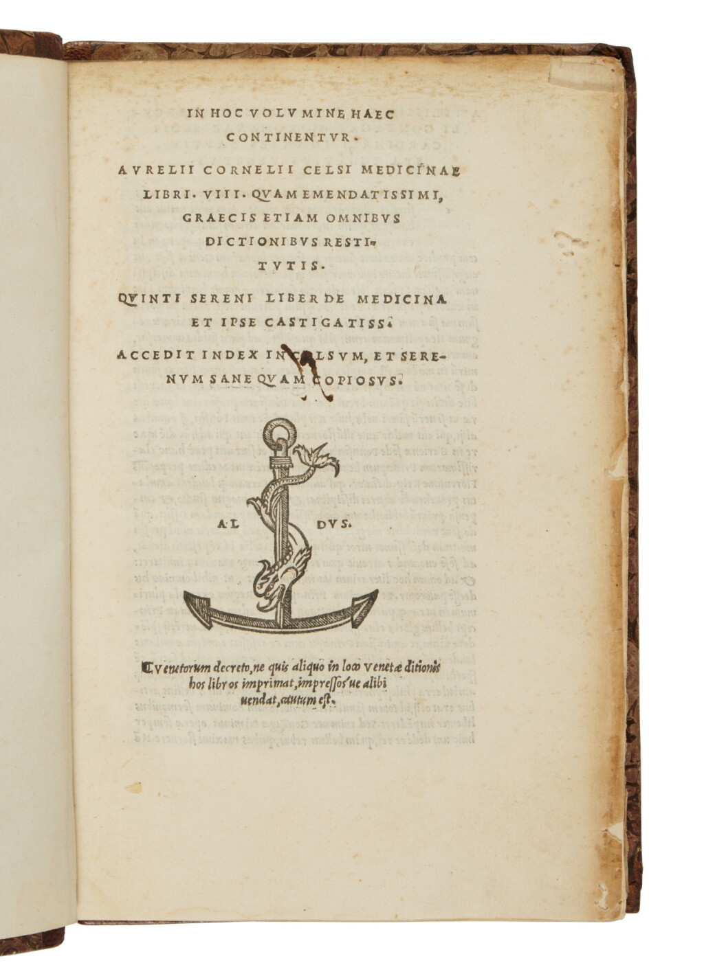 View full screen - View 1 of Lot 289. Celsus, Medicinae libri VIII, Venice, Aldus, 1528, later half sheep, uncut.