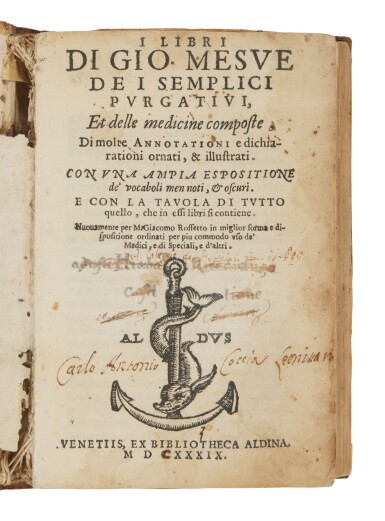 View full screen - View 1 of Lot 987. Mesue, I libri di Gio, Venice, Giovanni de Gara, 1589, contemporary limp vellum.