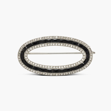 View full screen - View 1 of Lot 224. Onyx and Diamond Brooch.