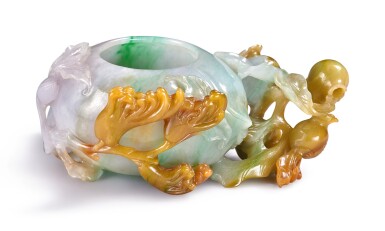 View full screen - View 1 of Lot 654. An apple-green, brown and yellow jadeite 'sanduo' water coupe, Late Qing dynasty.