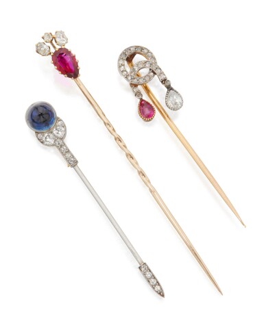 View full screen - View 1 of Lot 92. THREE GEM-SET STICK PINS.
