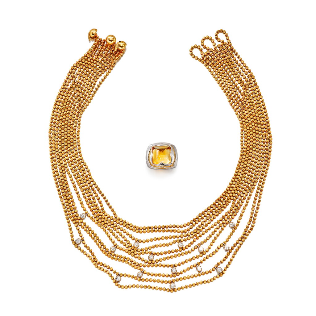 View full screen - View 1 of Lot 2940. 'Drapèrie' Gold and Diamond Necklace, and 'Piramide' Citrine Ring | 卡地亞 及 寶格麗 | 'Drapèrie' K金 配 鑽石 項鏈 及 'Piramide' 黃水晶 戒指.