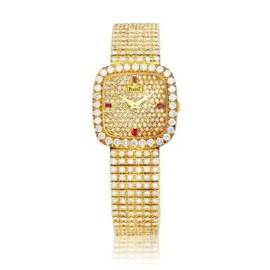 View full screen - View 1 of Lot 8645. Reference 9902 | A yellow gold, diamond and ruby-set bracelet watch, Circa 1980 | 伯爵 | 型號9902 | 黃金鑲鑽石及紅寶石鏈帶腕錶,約1980年製.