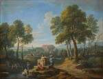 An Italianate landscape with figures resting by ruins, the Colosseum in the distance