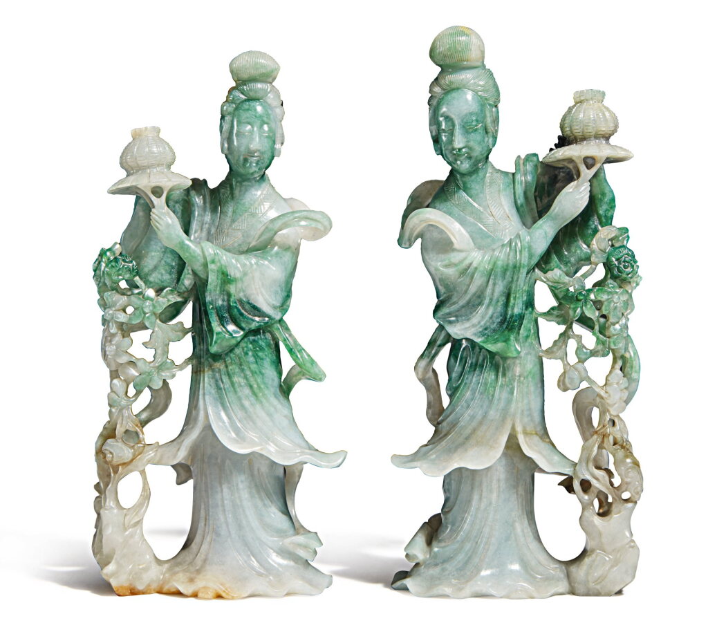 View full screen - View 1 of Lot 108. A pair of jadeite figures of Magu, Qing dynasty | 清 翠玉雕麻姑立像一對.