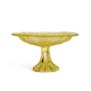 View full screen - View 1 of Lot 170. A Large Princess Feather-Pattern Canary-Yellow Sandwich Glass Compote, Circa 1835-40.
