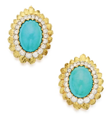 View full screen - View 1 of Lot 304. PAIR OF GOLD, TURQUOISE AND DIAMOND EARCLIPS, DAVID WEBB .
