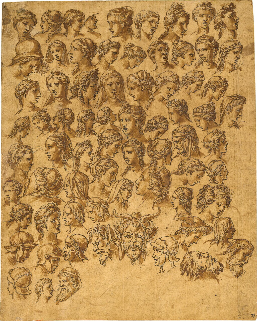 View full screen - View 1 of Lot 23. ROMAN SCHOOL, 16TH CENTURY | STUDIES OF HEADS OF LADIES, WARRIORS AND GARGOYLES.