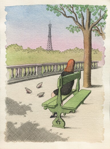 View full screen - View 1 of Lot 56. Une femme de dos regardant vers la tour Eiffel, assise sur un banc d’une terrasse dans un jardin parisien.