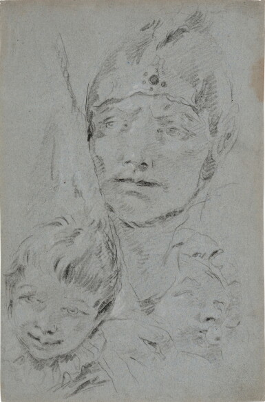 View full screen - View 1 of Lot 164. A sheet of studies of heads: a soldier wearing a helmet and holding a banner, and two young boys, one blowing a trumpet and wearing a hat.