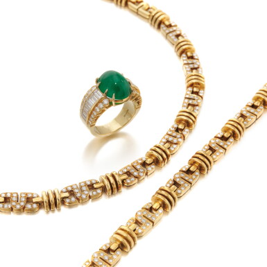 View full screen - View 1 of Lot 211. Pederzani, emerald and diamond ring, diamond demi-parure (Pederzani, anello in smeraldo e diamanti, demi-parure in diamanti).