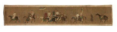 View full screen - View 1 of Lot 84. Jin riders returning from the hunt, ink and color on silk, mounted for framing | 錢選(款) 狩獵圖卷 設色絹本 鏡片.