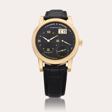 View full screen - View 1 of Lot 371. Reference 101.031 Lange 1 | A pink gold wristwatch with date and power reserve indication, Circa 2004.