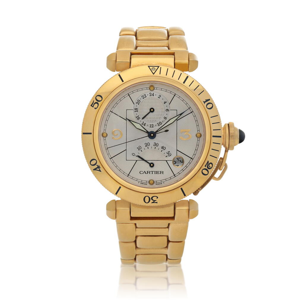 View full screen - View 1 of Lot 42. Pasha, Ref. 2395, Yellow gold wristwatch with date, 24-hour and power reserve indication, Circa 2000.