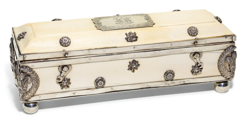 View full screen - View 1 of Lot 501. A SILVER-MOUNTED IVORY SCRIBE'S PEN-BOX WITH THE CREST OF H.R.H. THE PRINCE OF WALES, INDIA, CIRCA 1875.