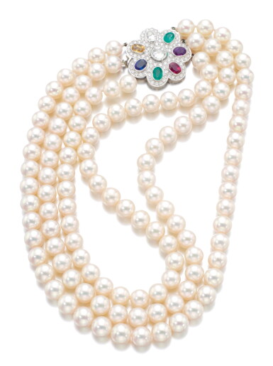 View full screen - View 1 of Lot 192. CULTURED PEARL, GEM SET AND DIAMOND NECKLACE.