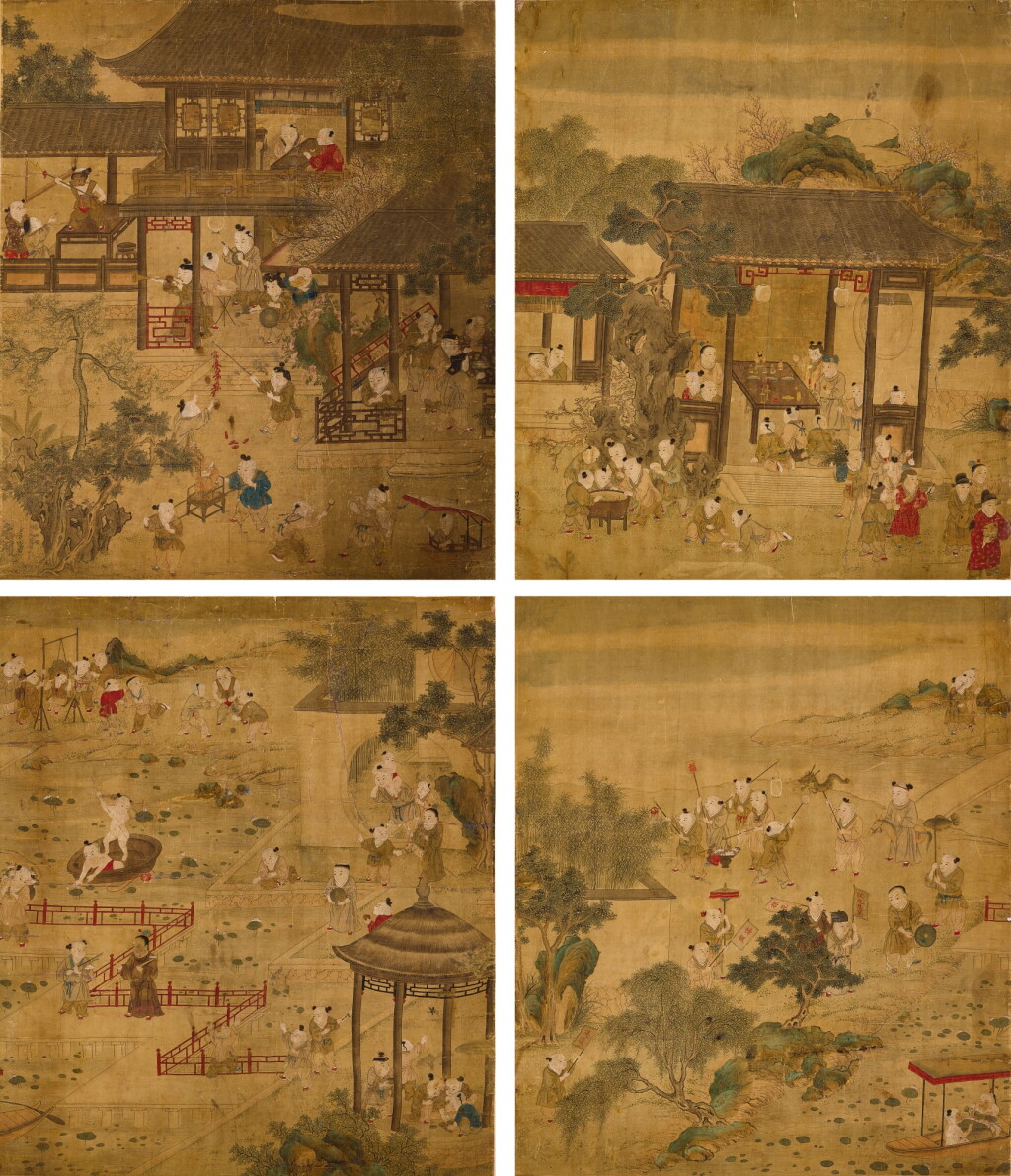 Voir en plein écran - Voir 1 du lot 886. Attributed to Gu Jianlong 顧見龍(款) |Children playing in the Garden 嬰戲圖.
