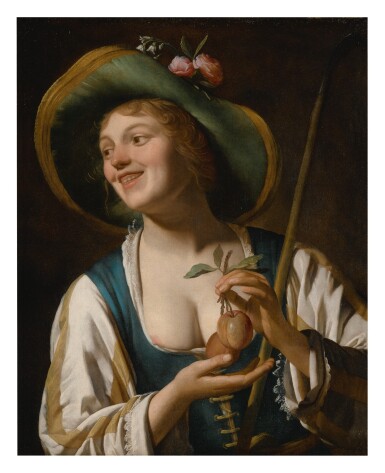 View full screen - View 1 of Lot 125. GERRIT VAN HONTHORST | SHEPHERDESS HOLDING PLUMS.