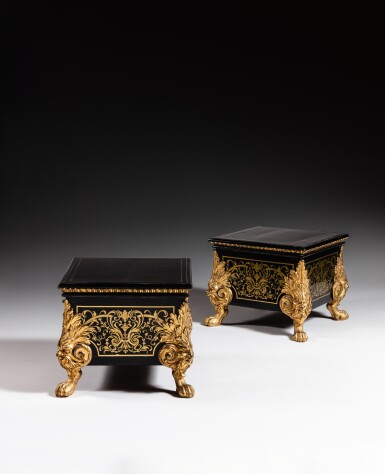 View full screen - View 1 of Lot 27. A pair of Louis XIV gilt-bronze mounted brass and tortoiseshell and blackened pearwood première partie marquetry square pedestals, circa 1710, stamped by Etienne Levasseur.