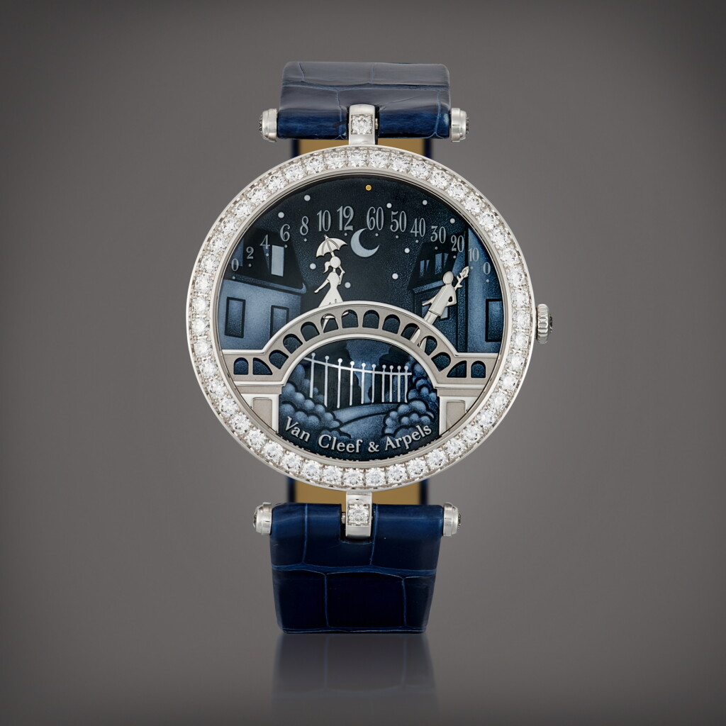 View full screen - View 1 of Lot 2137. Lady Arpels Pont des Amoureux | A white gold and diamond-set wristwatch with double retrograde animation hours, minute hands and enamel dial, Circa 2015 | 梵克雅寶 | Lady Arpels Pont des Amoureux | 白金鑲鑽石腕錶,備雙逆跳時分顯示及琺瑯錶盤,約2015年製.