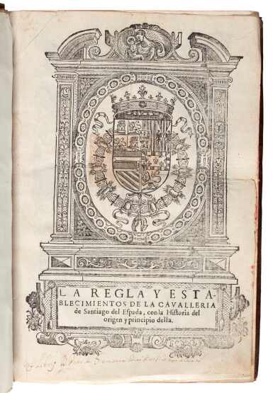 View full screen - View 1 of Lot 157. Garcia de Medrano, La regla de la cavalleria de Santiago del Espada, Madrid, 1627, calf binding.