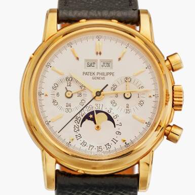 View full screen - View of Reference 3970E '3rd Series' | A yellow gold perpetual calendar chronograph wristwatch with moon phases, leap year, and 24-hour indication, Circa 1992.
