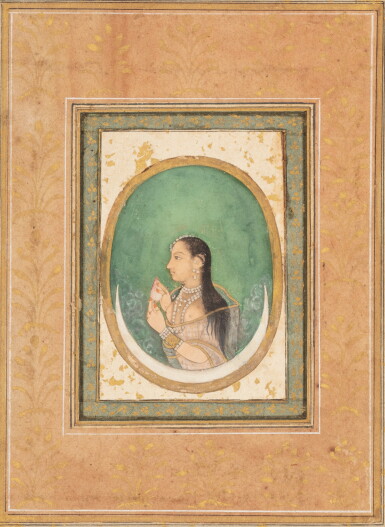 View full screen - View 1 of Lot 338. A portrait of a young lady, India, Deccan, 18th century, the reverse with a calligraphic panel by Mir Emad, Persia, Safavid, 17th century.