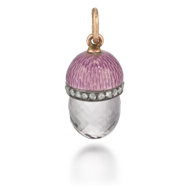 View full screen - View 1 of Lot 108. A Fabergé jewelled gold, guilloché enamel and amethyst egg pendant, workmaster August Hollming, St Petersburg, 1899-1903.