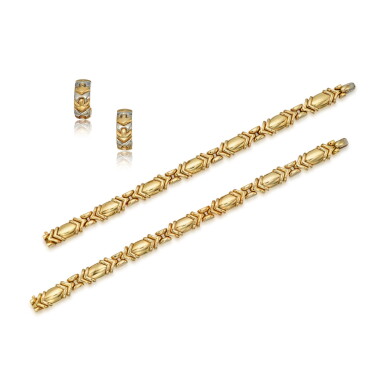 View full screen - View 1 of Lot 389. Two Gold Bracelets and Pair of Two-Color Gold 'Alveare' Earclips.