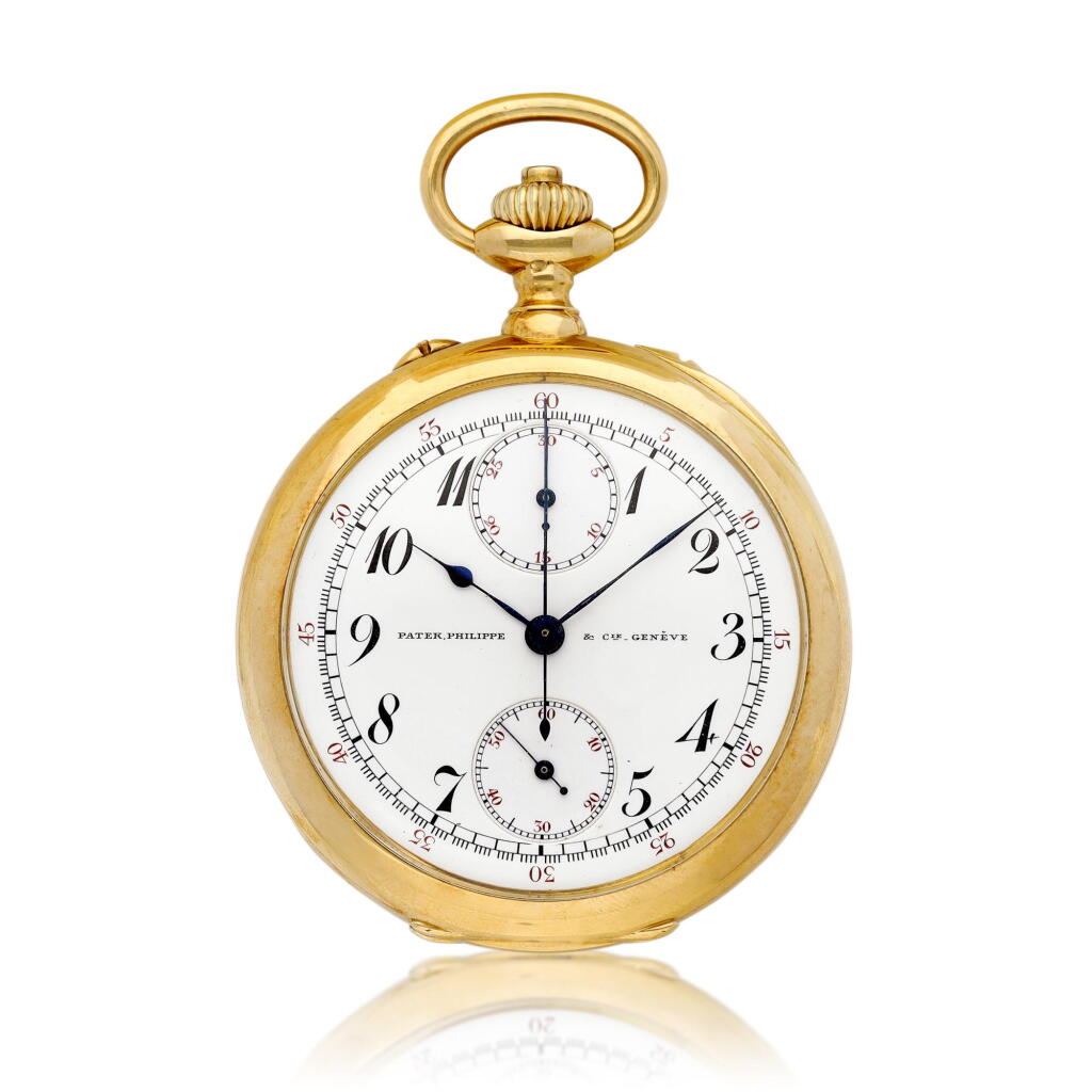 View full screen - View 1 of Lot 2141. A yellow gold openface keyless single button chronograph watch with enamel dial, Circa 1900 | 百達翡麗 | 黃金單按鈕計時懷錶,備琺瑯錶盤,約1900年製 附帶證書及盒子.