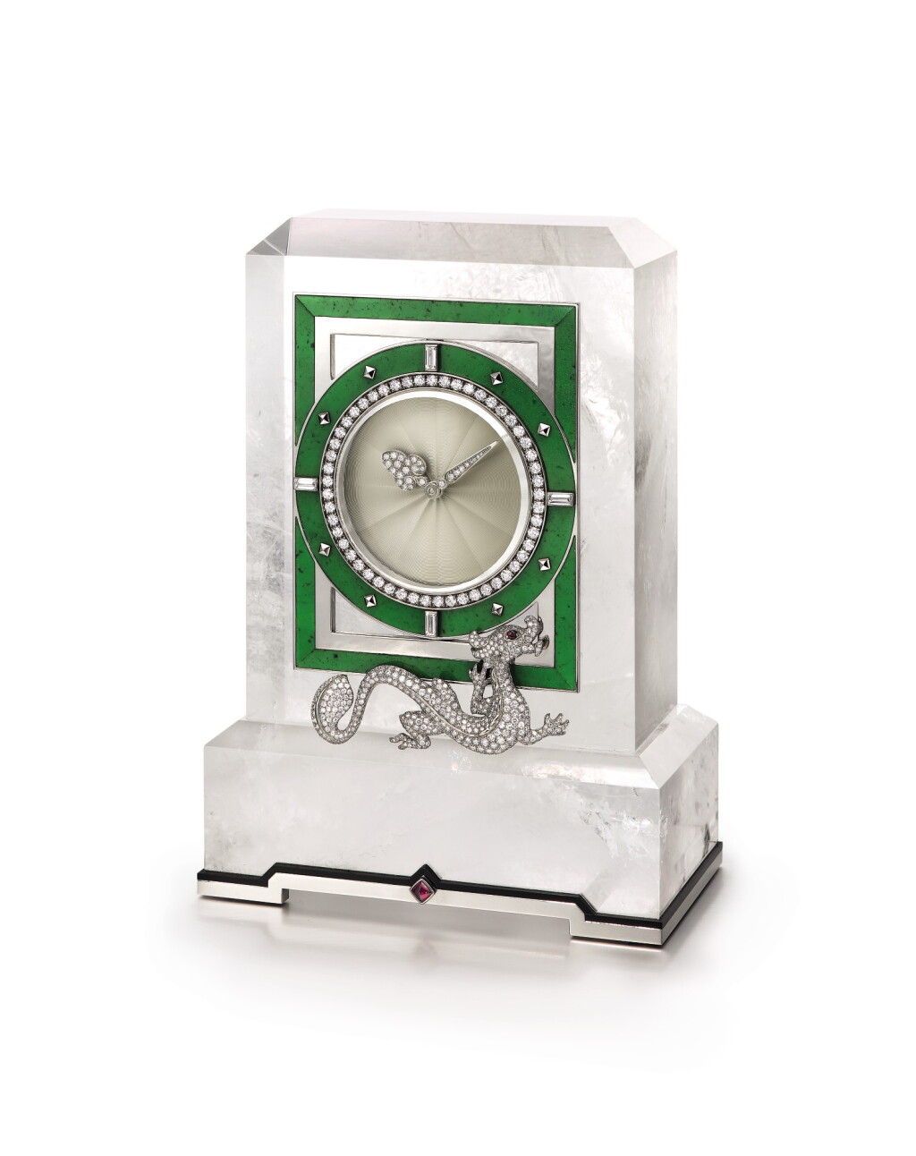 View full screen - View 1 of Lot 1661. Cartier | Rock Crystal, Enamel, Diamond and Hardstone Desk Clock | 卡地亞 | 白水晶, 琺琅彩 配 鑽石 及 硬石 座鐘.