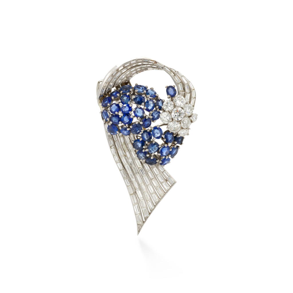 View full screen - View 1 of Lot 57. Jacques Timey, Sapphire and diamond brooch (Spilla in zaffiri e diamanti, Jacques Timey).