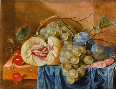 View full screen - View 1 of Lot 307. A still life with peaches, grapes, plums, cherries and prawns on a ledge, draped with a blue cloth.