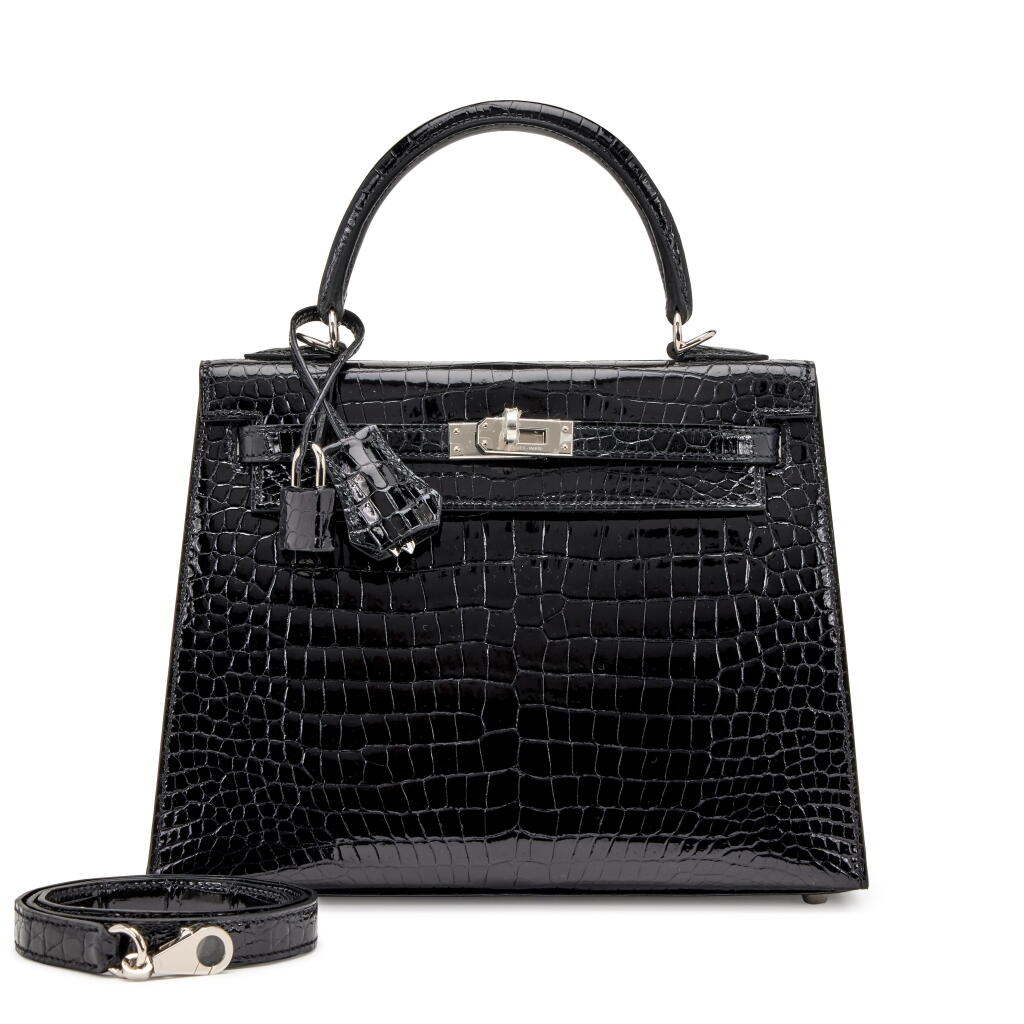 View full screen - View 1 of Lot 64. Black Shiny Porosus Crocodile Kelly 25 Sellier Palladium Hardware, 2022.